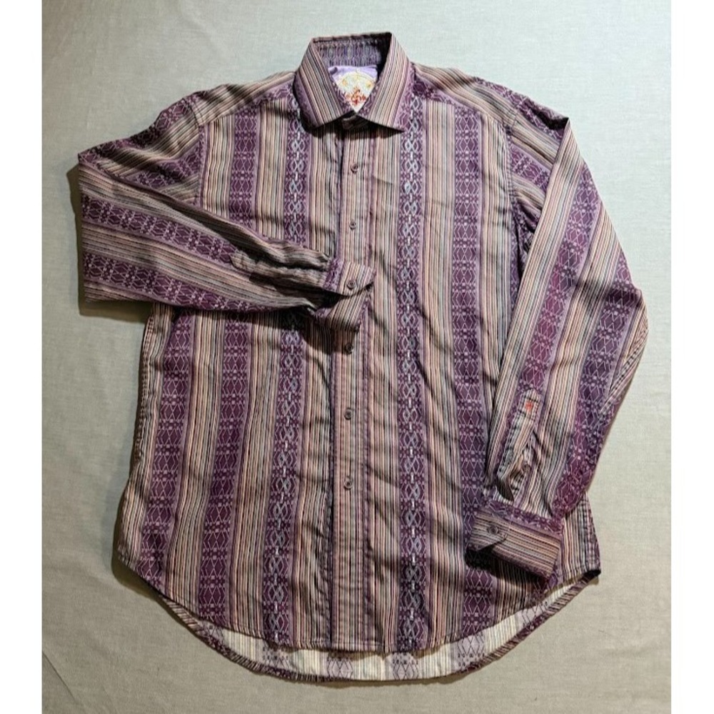 Robert Graham Shirt M Red Striped Button Cotton Silk Long Sleeve Contrast Cuffs